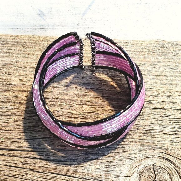 Pink Black Vintage Y2K 90s Striped Pretzel Memory Wire Cuff Bracelet Barbie Core - Picture 5 of 8